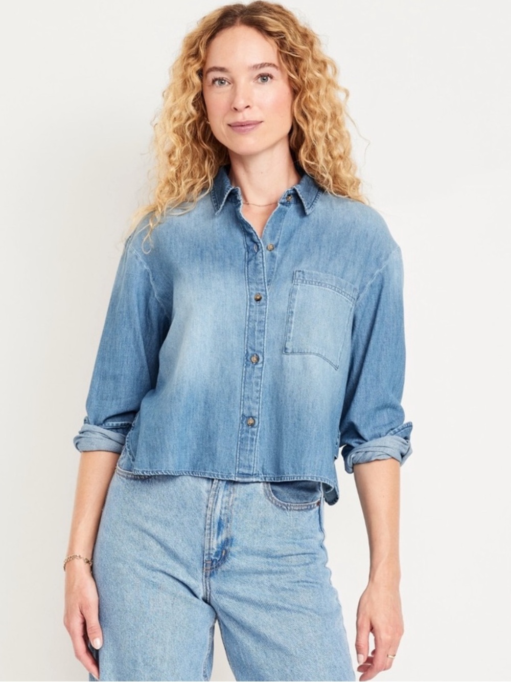 Old Navy Denim Jean Cropped Button Down Shirt Size XS